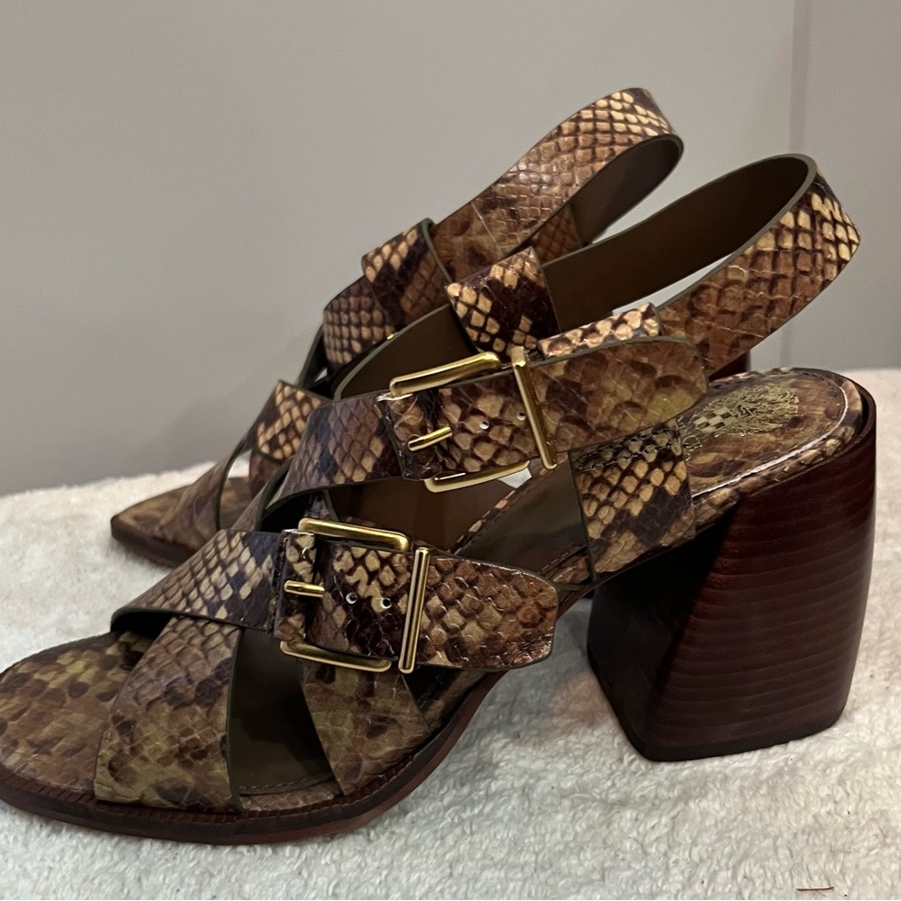 Vince Camuto Brown Snake-Print Buckle Block Heel Sandals - Picture 4 of 8